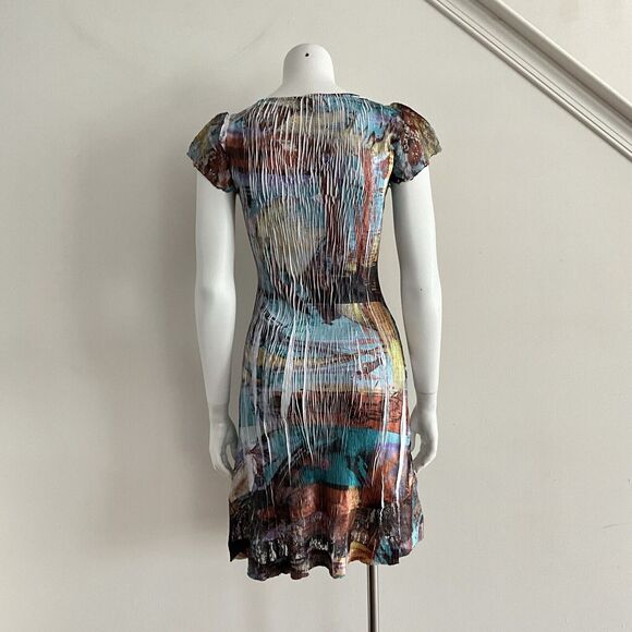 Komarov Petite Crinkle Short Sleeve Lace Inlay Mini Dress Multicolor PS - Picture 2 of 11